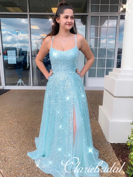 Lovley Blue Sequin Tulle Prom Dresses, Side Slit Prom Dresses, Newest Prom Dresses