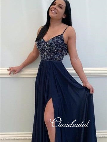 Spaghetti Long A-line Navy Chiffon Beaded Prom Dresses, Elegant Prom Dresses, Side Slit Prom Dresses