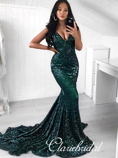 V-neck Long Mermaid Emerald Green Sequin Prom Dresses, Sexy Long Prom Dresses, Popular Prom Dresses