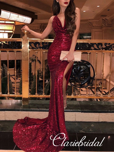 Sexy Long Mermaid Red Sequin Prom Dresses, Side Slit Prom Dresses, Long Prom Dresses, Affordable Prom Dresses