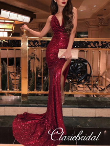 Sexy Long Mermaid Red Sequin Prom Dresses, Side Slit Prom Dresses, Lon ClaireBridal Sexy Long Mermaid Red Sequin Prom Dresses, Side Slit Prom Dresses, Lon ClaireBridal