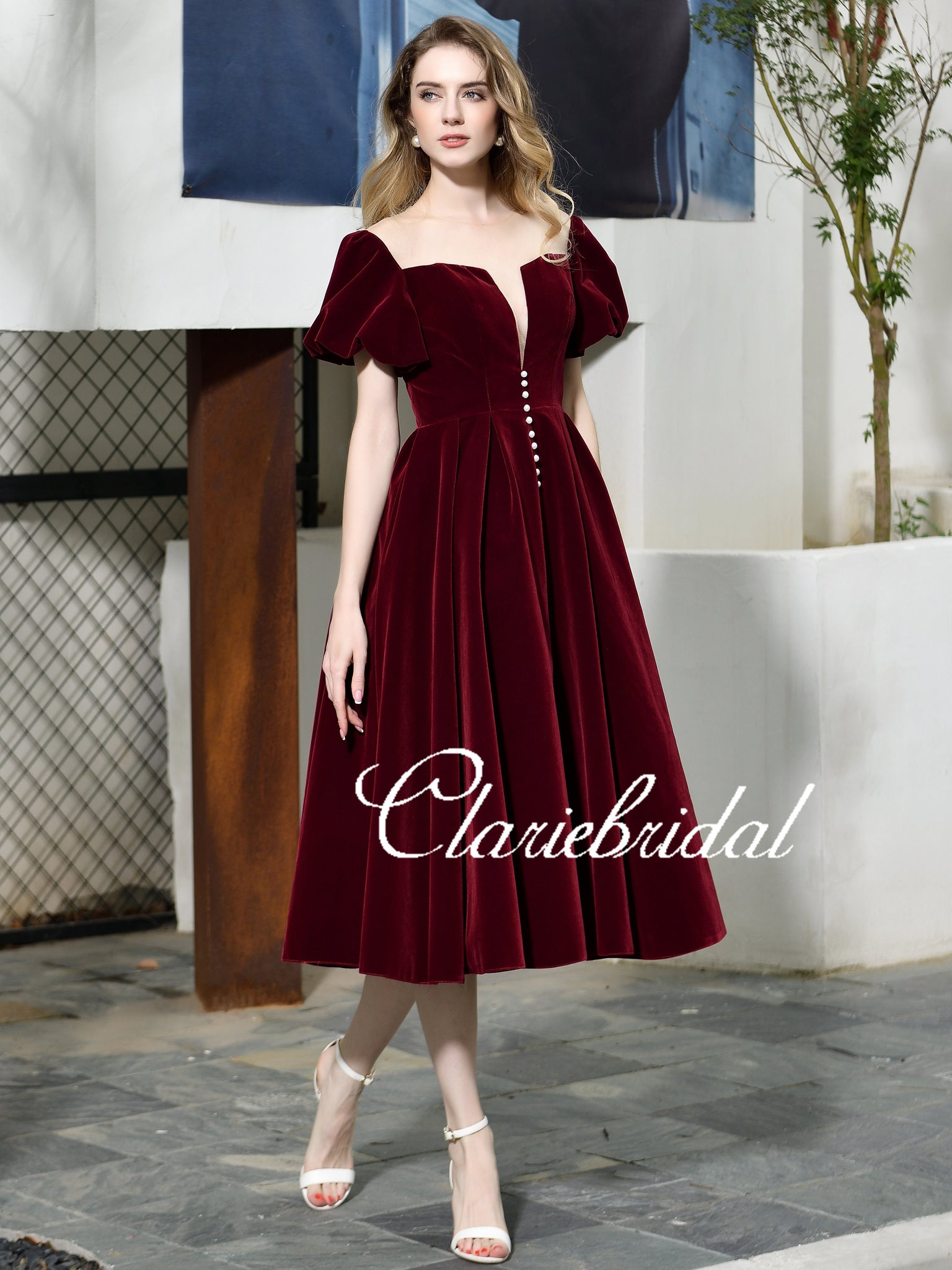 Short Sleeves Velvet Prom Dresses, Vintage Prom Dresses, Affordable Pr ClaireBridal Short Sleeves Velvet Prom Dresses, Vintage Prom Dresses, Affordable Pr ClaireBridal