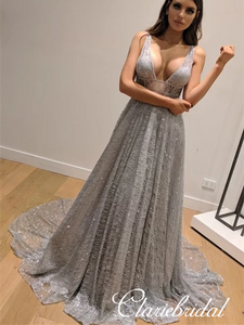 Deep V-neck Silver Sequin Tulle Long A-line Prom Dresses, Shiny Prom Dresses