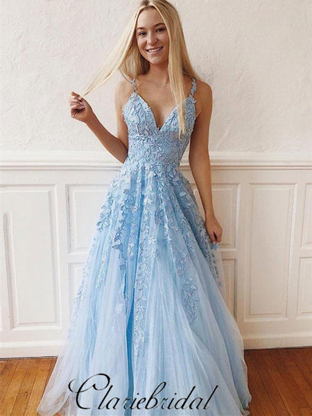 Spaghetti Long A-line Light Blue Lace Tulle Prom Dresses, Newest Prom Dresses