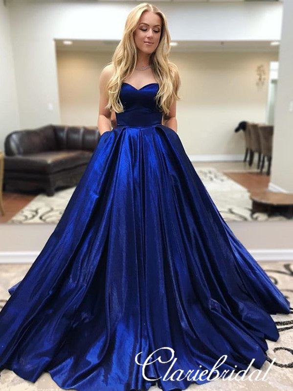 Sweetheart Long A-line Royal Blue Satin Prom Dresses, Long Prom Dresses, Prom Dresses