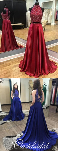 2 Pieces Rhinestone Beaded Elastic Satin Prom Dresses, Open Back Prom Dresses