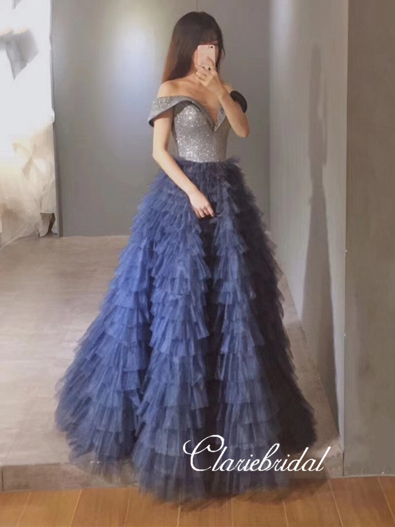 Off Shoulder Long A-line Sequin Top Tulle Prom Dresses, Fluffy Long Prom Dresses, New Style For ClaireBridal