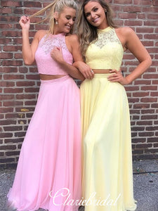 2 Pieces Long Prom Dresses, Illusion Top Prom Dresses, Chiffon Long Prom Dresses, 2020 Prom Dresses