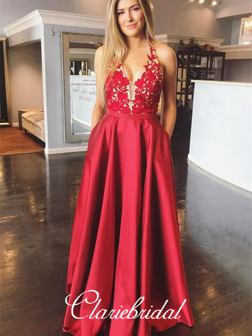 Halter Red Satin Lace Prom Dresses, A-line Prom Dresses, Long Prom Dresses