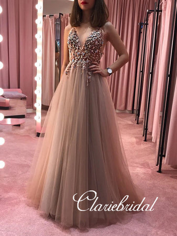 V-neck Long A-line Beaded Tulle Prom Dresses, Long Prom Dresses, New Prom Dresses