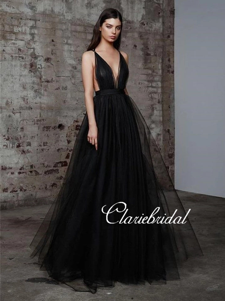 Deep V-neck Black Tulle Prom Dresses, Long A-line Prom Dresses, Chic P – ClaireBridal