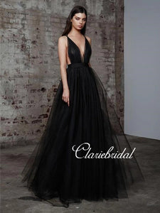 Deep V-neck Black Tulle Prom Dresses, Long A-line Prom Dresses, Chic Prom Dresses