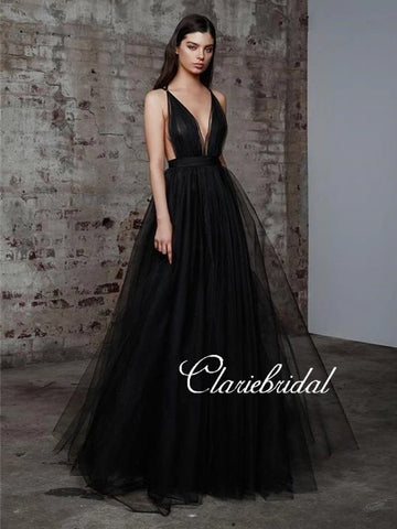 Deep V-neck Black Tulle Prom Dresses, Long A-line Prom Dresses, Chic Prom Dresses