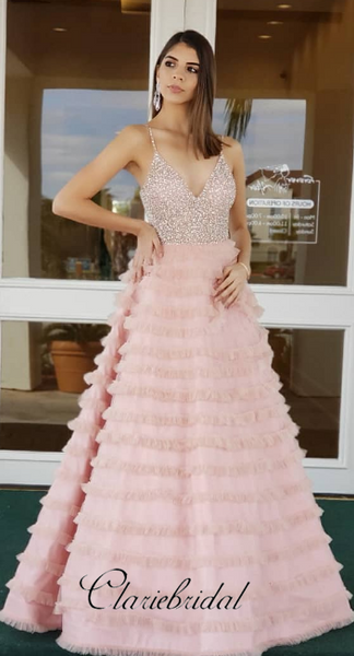 Spaghetti A-line Beaded Pink Prom Dresses, Long Fluffy Prom Dresses, Prom Dresses