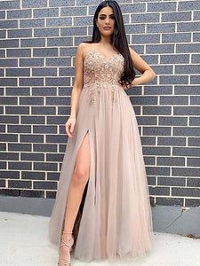 Spaghetti Straps Tulle Long Prom Dresses, 2021 Girl Evening Dresses, Party Dresses