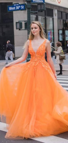 Orange Tulle A-Line Long Party Prom Dresses, Quality V-neck Charming 2021 Prom Dresses