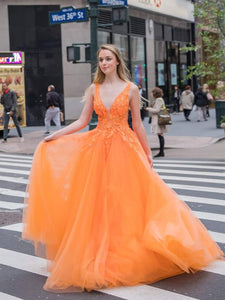 Orange Tulle A-Line Long Party Prom Dresses, Quality V-neck Charming 2021 Prom Dresses