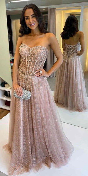 Sweetheart Rose Sequin Tulle Beaded Prom Dresses, Sparkle Prom Dresses, 2021 Prom Dresses