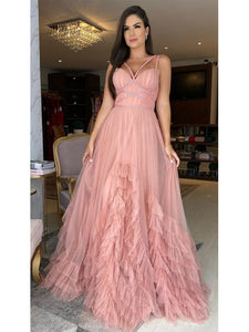 Dusty Pink Ruffled A-line Prom Dresses, Long Prom Dresses, 2021 Prom Dresses, Newest Prom Dresses
