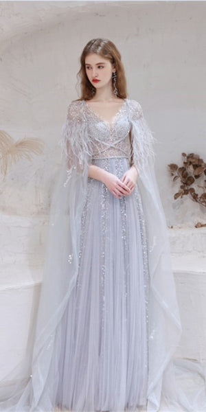 V-neck Light Grey Shiny Sequin Beaded Prom Dresses, Newest Prom Dresses, 2021 Prom Dresses