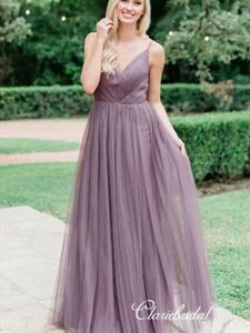 Elegant Long A-line Dusty Purple Tulle Bridesmaid Dresses – ClaireBridal