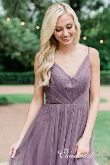 Elegant Long A-line Dusty Purple Tulle Bridesmaid Dresses – ClaireBridal