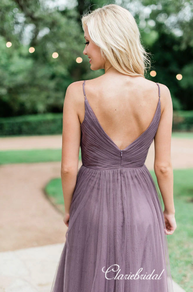 Elegant Long A-line Dusty Purple Tulle Bridesmaid Dresses