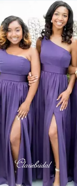 One Shoulder Purple Side Slit Long Bridesmaid Dresses