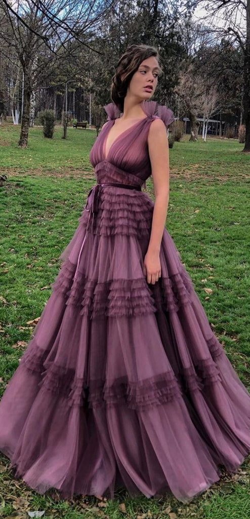 dusty purple formal dress Simple V Neck Floor Length Purple Prom Dress with Slit, Purple Formal jbydress