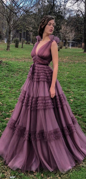 Dusty Purple Long A-line Prom Dresses, Chic Tulle Prom Dresses, High Waist Prom Dresses