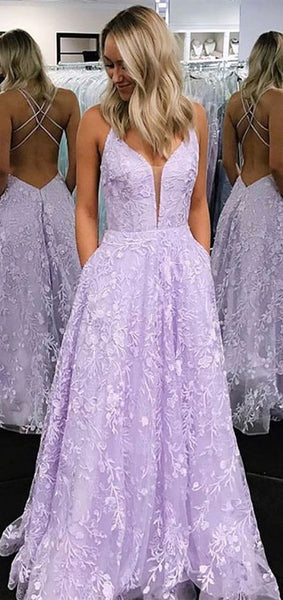 Straps Long A-line Lilac Lace Prom Dresses, Lovely Prom Dresses, 2020 Prom Dresses