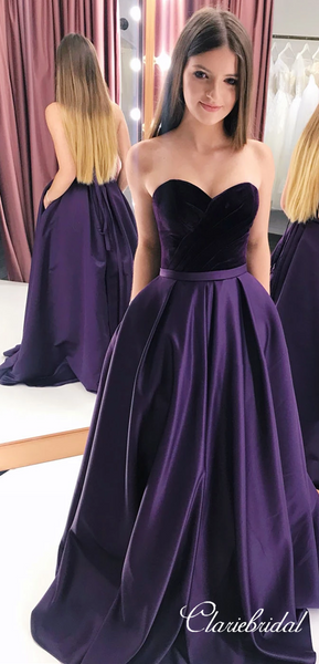 Sweetheart Long A-line Purple Satin Prom Dresses, Velvet Top Prom Dresses, Long Prom Dresses