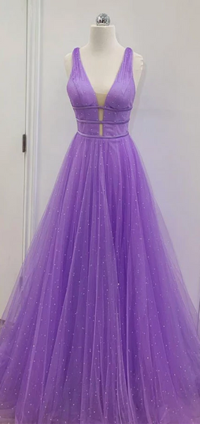 V-neck Purple Tulle Beaded Prom Dresses, Lovely Prom Dresses, Long 2020 Prom Dresses