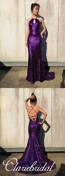 Cross Back Purple Sequin Prom Dresses, Long Prom Dresses, Mermaid Prom Dresses
