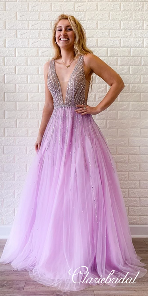 V-neck Long Prom Dresses, Purple Tulle Beaded Prom Dresses, Popular Prom Dresses