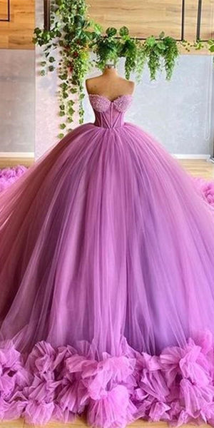Sweetheart Long Ball Gown Purple Tulle Prom Dresses, Lovely Prom Dresses, Princess Evening Dresses