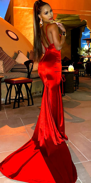 Spaghetti Long Mermaid Red Elastic Satin Prom Dresses, Sexy Front Slit Prom Dresses