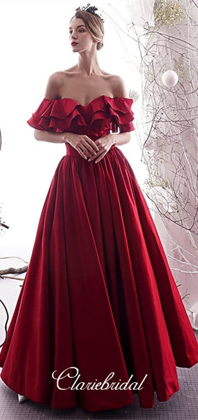 Off Shoulder Long A-line Red Satin Prom Dresses, Lace Up Prom Dresses, 2020 Prom Dresses