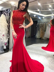 Cap Sleeves Red Jersey Prom Dresses, Mermaid Prom Dresses, Open Back Prom Dresses