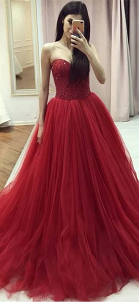 Sweetheart Red Beaded Tulle Prom Dresses, Newest Prom Dresses, Lace Up Prom Dresses