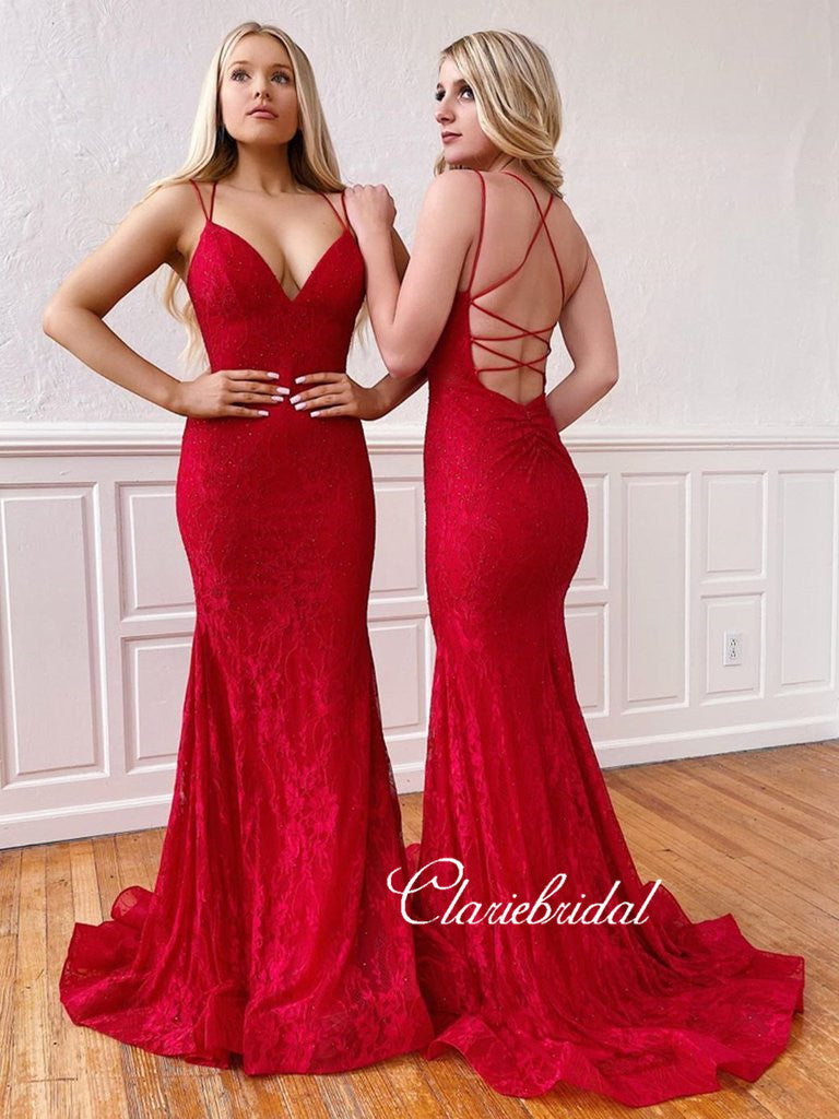 V-neck Long Mermaid Red Lace Prom Dresses, Lace Up Prom Dresses, Affordable Prom Dresses