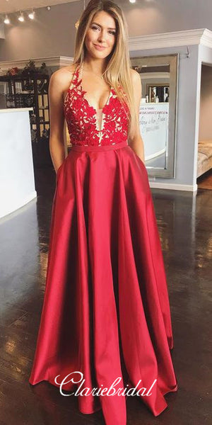 Halter Red Satin Lace Prom Dresses, A-line Prom Dresses, Long Prom Dresses