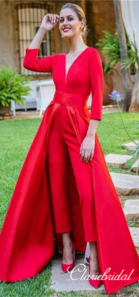 V-neck 3/4 Sleeves Red Satin Prom Dresses, Unique Long Prom Dresses, Chic Prom Dresses