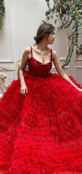 Straps Long A-line Red Tulle Feathers Prom Dresses, Luxury Ball Gown, 2020 Prom Dresses