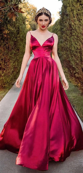 Spaghetti Long A-line Elastic Satin Prom Dresses, Red Prom Dresses, Simple Prom Dresses