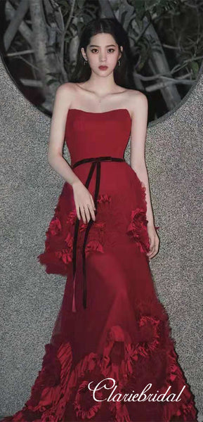 Strapless Red Tulle Prom Dresses, Floral Prom Dresses, Chic Long Prom Dresses, 2020 Prom Dresses
