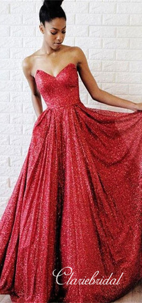 Sweetheart Long A-line Red Sequin Prom Dresses, A-line Prom Dresses, Sparkle Prom Dresses