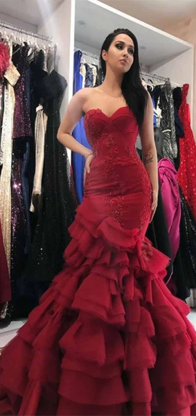 Sweetheart Long Mermaid Red Lace Tulle Prom Dresses, Formal Dresses, Long Prom Dresses, Wedding Gown