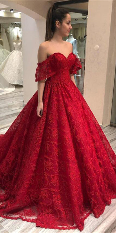 Off Shoulder Long A line Red Lace Prom Dresses Formal Dresses Long P ClaireBridal