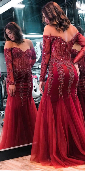 Off Shoulder Long Sleeves Dark Red Lace Beaded Prom Dresses, Mermaid Prom Dresses